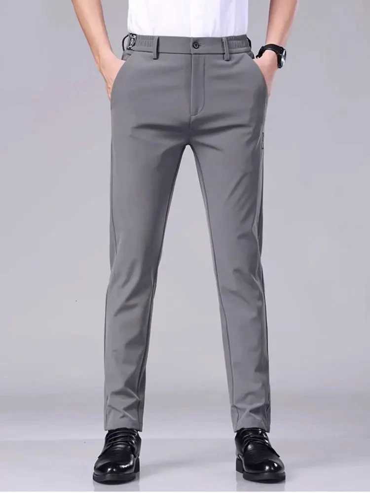 Mens Casual Pants Semi Elastic Waistband Nylon Ice Silk Elastic Straight Tube Light Gray Business Gentleman Summer Casual W250819
