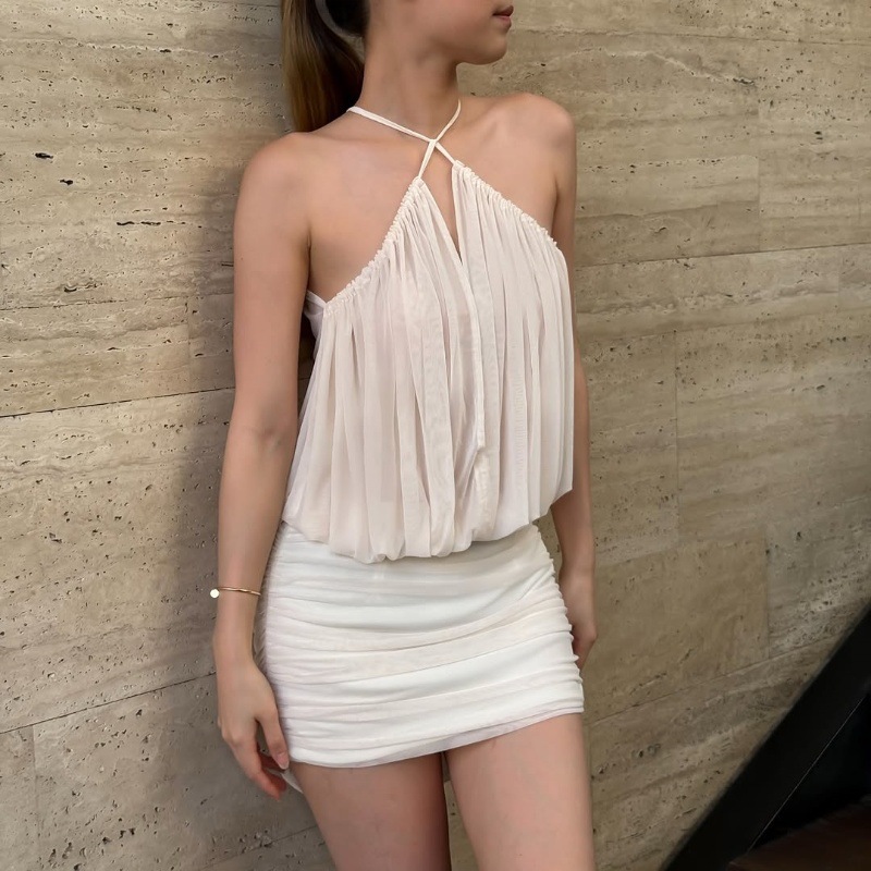 L19525 Women's 2025 Spring Halter Neck Mesh Splicing Slim Pleated Hip-wrapped Dress