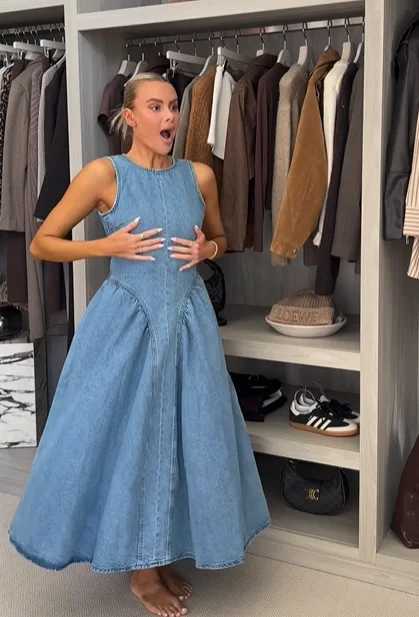 Casual Round Neck Lace Up Backless Denim Dress Sleeveless High Waist Loose Zipper Robe Summer High Street Sexy Solid Clothing M250623