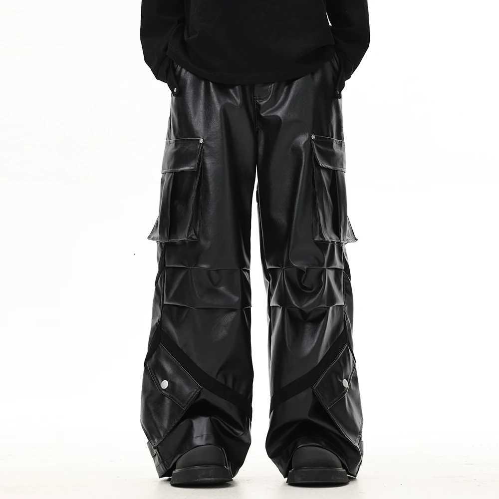 Rock Leather Pants Thickened High Street Pleated Multi-Pocket Loose Straight Pants for Men W250819