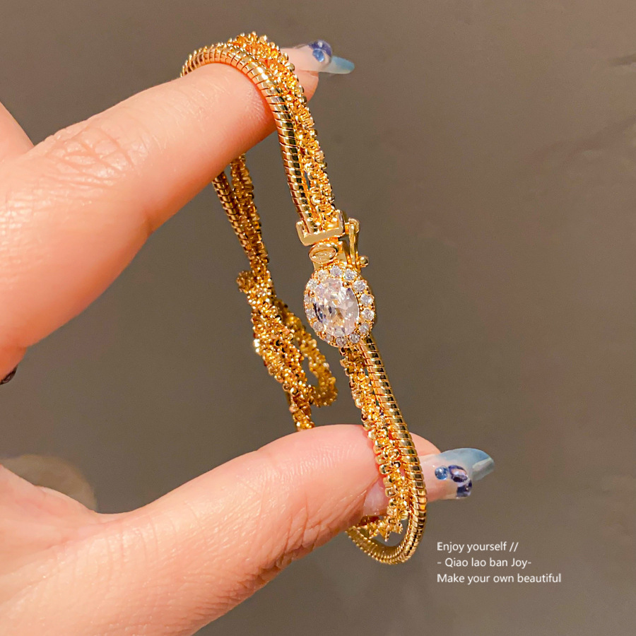 Gold Tone Multi - Layered Bracelet With Crystal - Encrusted Circular Pendant Elegant Daily And Party Wear Gift For Her High Quality And Stylish Jewelr