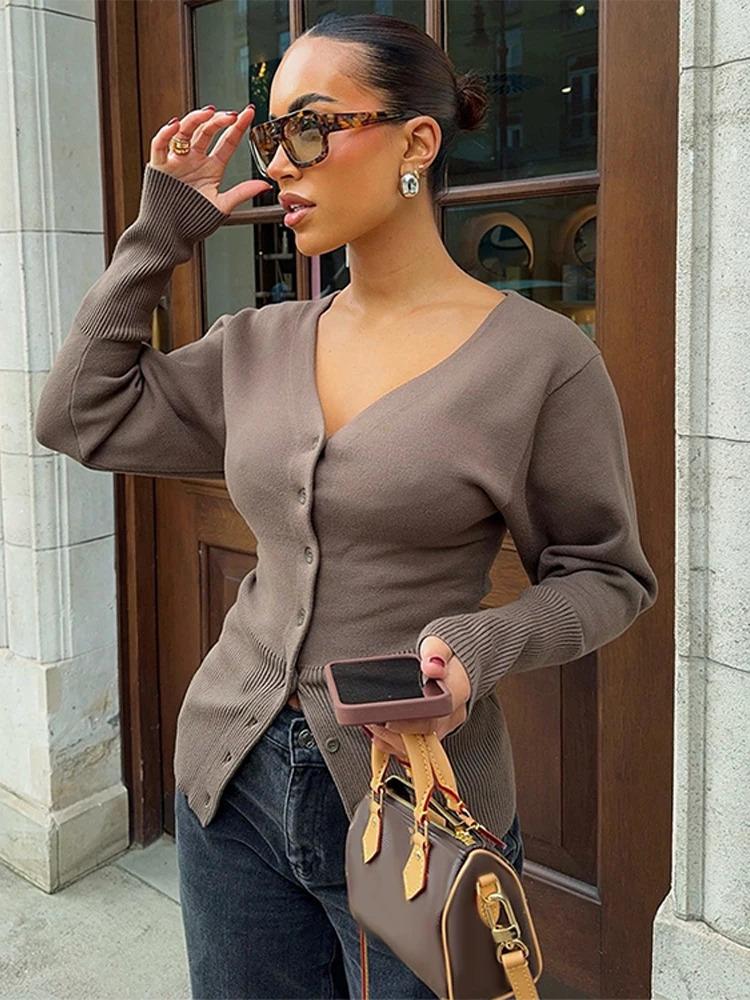 Casual Knitted Vneck Slim Cardigan Women Chic Solid Long Sleeve Single Breasted Streetwear Elegant Lady Cozy Knitwear 250819