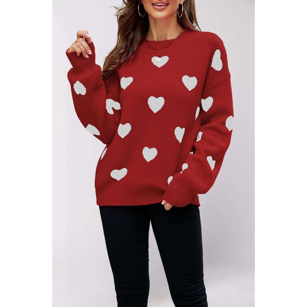 Winter Women's New Valentine's Day Heart Peach Pullover Knitted Loose Sweater B5