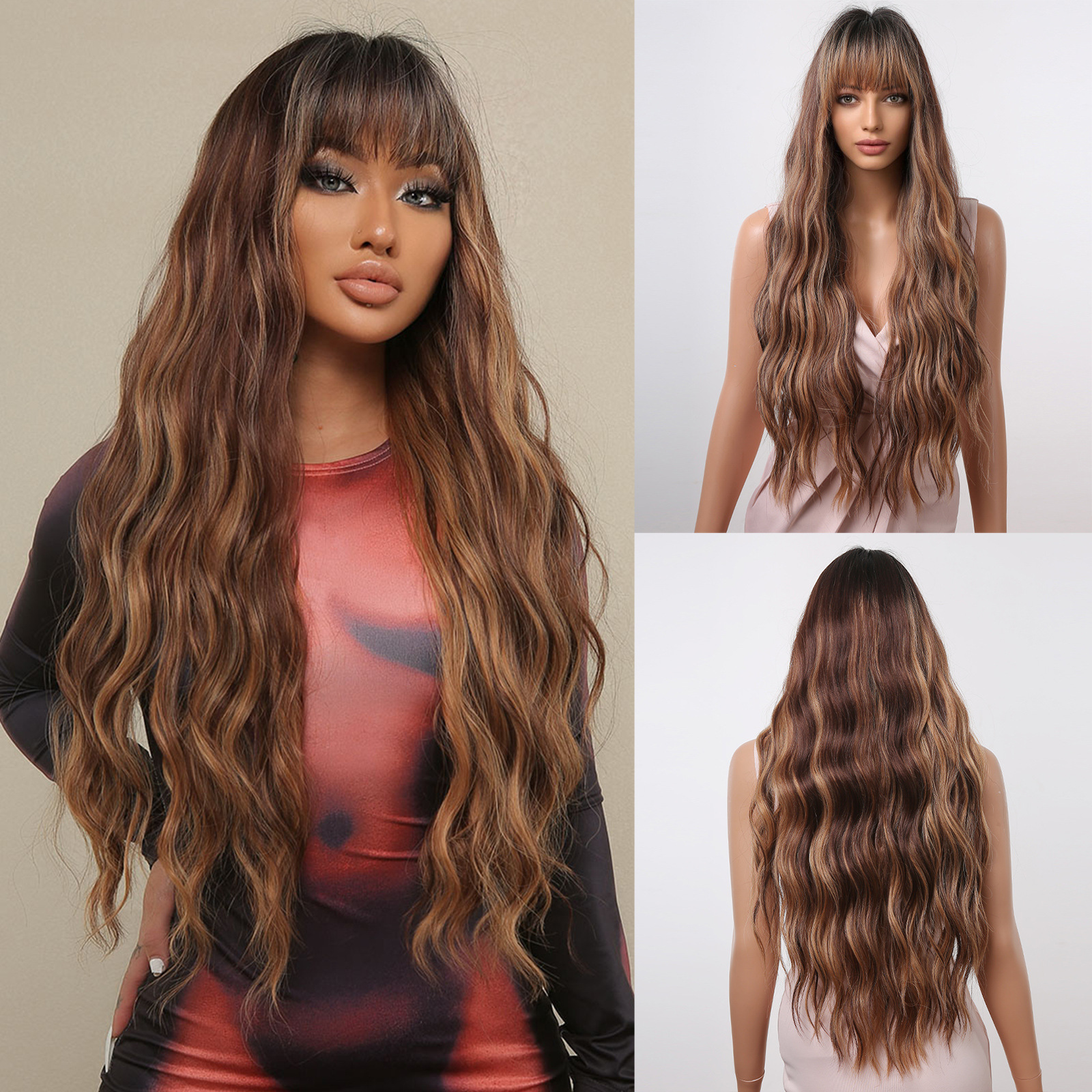 26-30inch Bangs Big Waves Fashion Long Curly Hair Mixed Brown Gold Brown Water Wave Wig Women Hair Customized