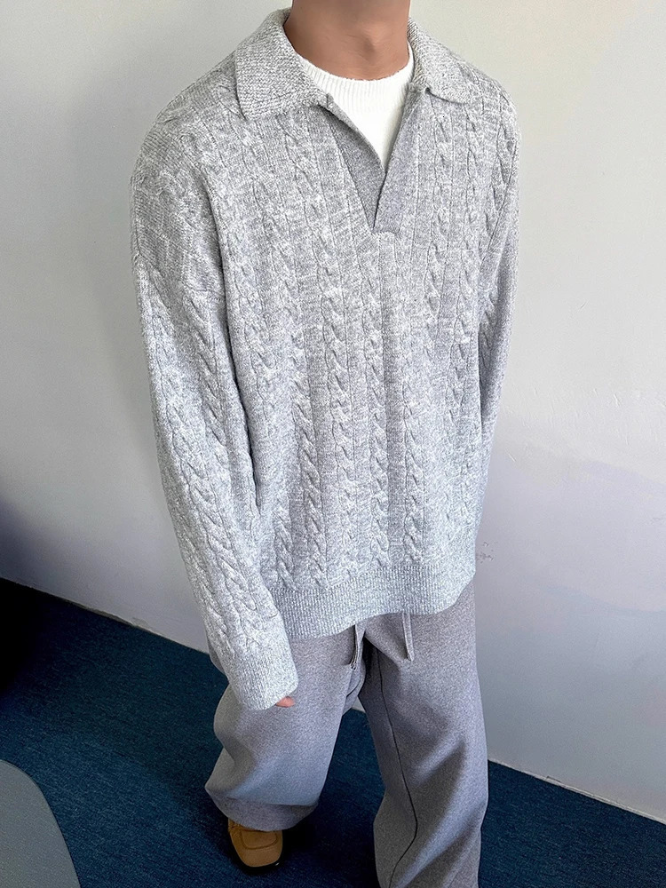 Vintage Twist Textured Knit Polo Shirts Mens Autumn Casual Long Sleeve Lapel Sweaters Mens Fashion Solid Color Knitted Jumpers 250818