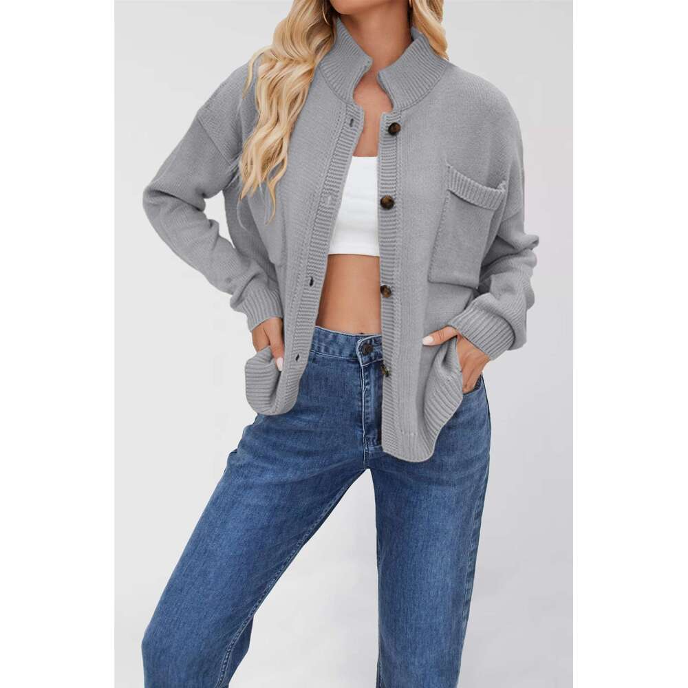 New Coat Knitted Stand Collar Plus Size Sweater Button Cardigan B5