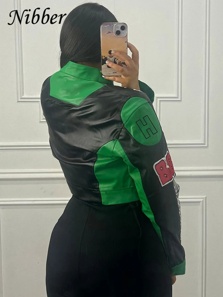 Nibber Hipster Faux Leather Jacket Women Y2K Letter Print Hipster Uniform Street SingleBreasted Cool Hipster Autumn Trend Coat 250903