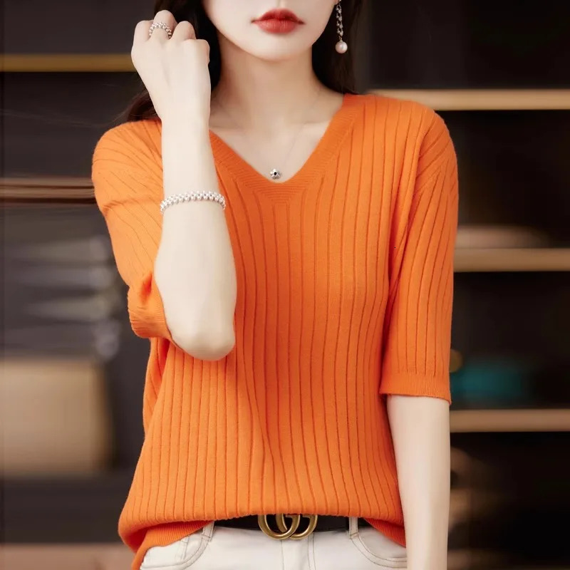 Womens Sweater Spring Summer Short Sleeve Vneck Knit Shirt Casual Korean Pullovers Stripe Bottoming Slim Fit Jumpers 250819