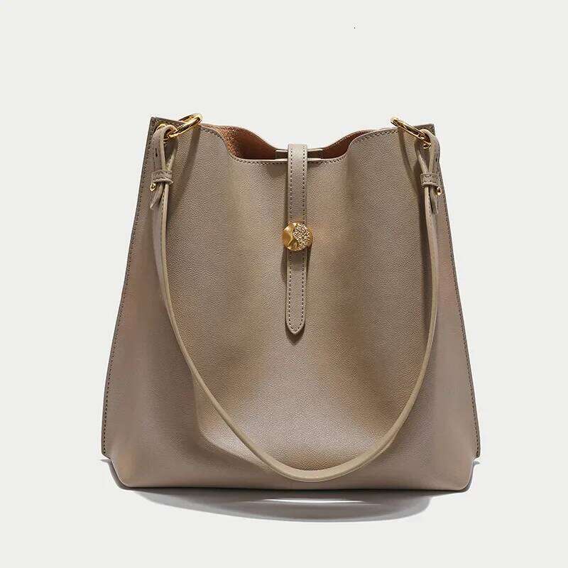 Large Bucket Beige Soft Split Cow Leather Women Handbag European and American Fashion Business OL Tote Shoulder Bag bag