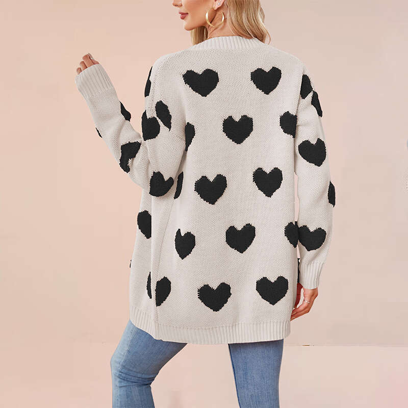 Women's New Fashion Temu Valentine's Day Heart Knitted Cardigan V-Neck Button Mid-Length Outerwear B5