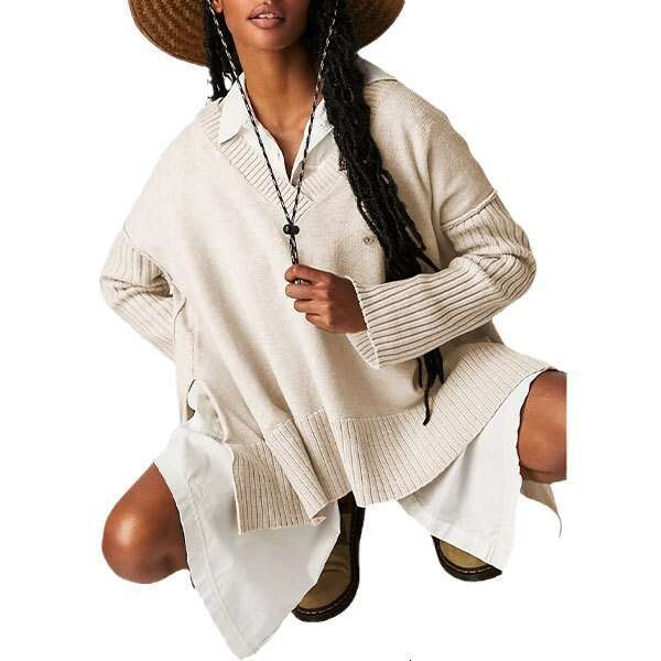 Autumn Winter Temu V-Neck Irregular Patchwork Pullover Loose Women's Sweater B5