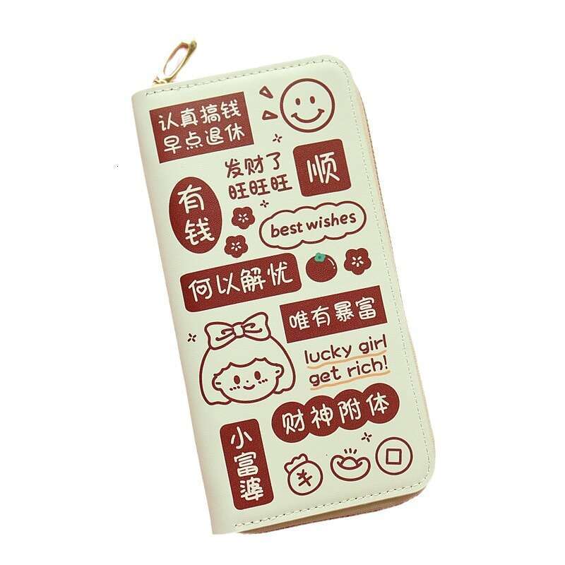 Chinese Style Text Cartoon Cute Girls Coin Purse Japanese and Korean Trend Large Capacity Long Zipper Wallet Phone Bag
