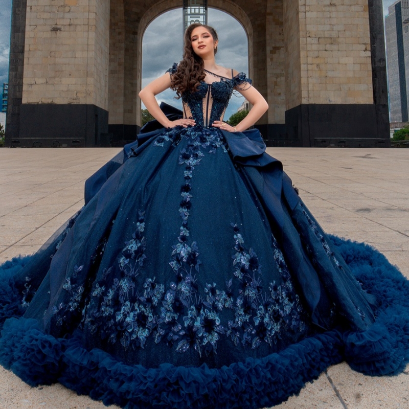 Navy Blue Shiny Princess Sweet 16 Dress Dress Quinceanera Dresses Applique Flower Beading Tiered Tull Party Birthday Vestidos 15 De Anos