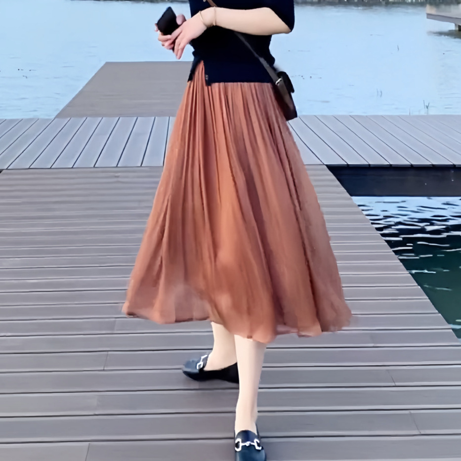 LO25019 Streamer Tulle Skirt Women's New High Waist Slim Midi Length Casual Versatile Temperament Skirt
