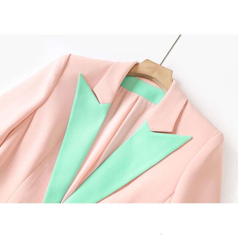 2025 New Color Blocking Patchwork Women In Spring And Summer, Seven Quarter Sleeved Suit Jacket Pink Single Breasted Jacket