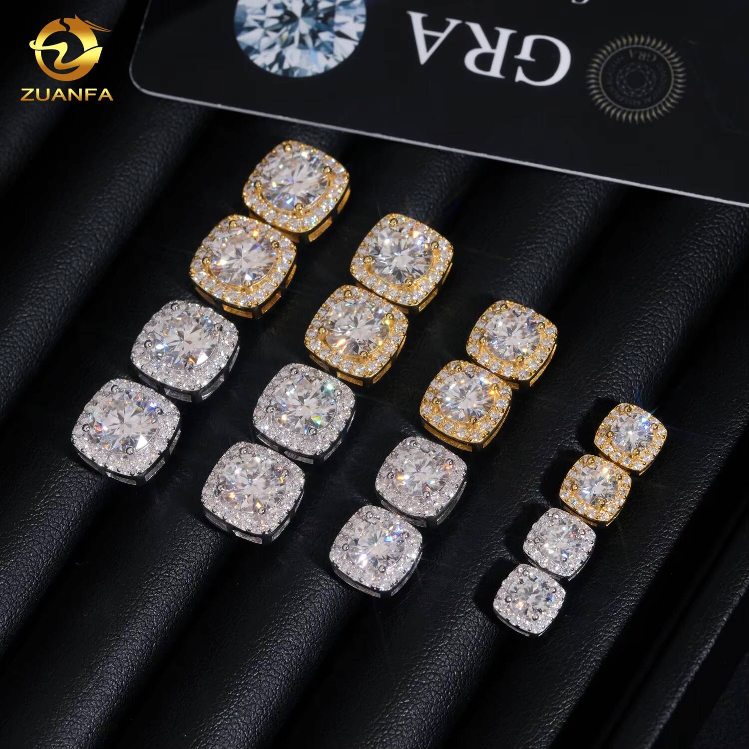 Large Stock Square Halo Design White Gold Plated Prong Set D-VVS Lab Moissanite Diamond Earring Studs