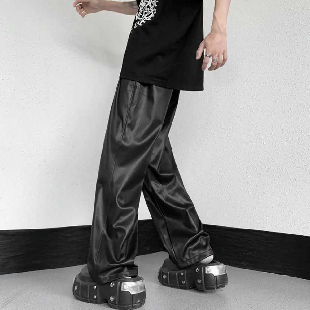 Men Straight Pants Drawstring Elastic Waist PU Leather Pants Hip Hop Wide Leg Loose Streetwear Unisex Waterproof Long Trousers W250819