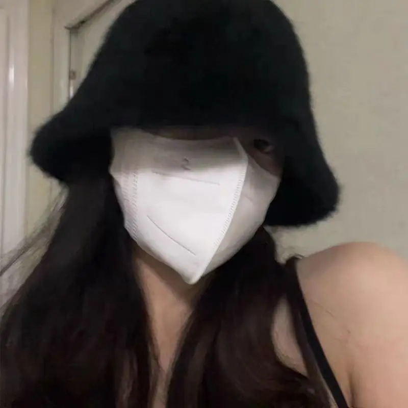 Rabbit hair fisherman hat for women Autumn-winter basin hat head round plush senior sense face small white bucket hat for women 250819