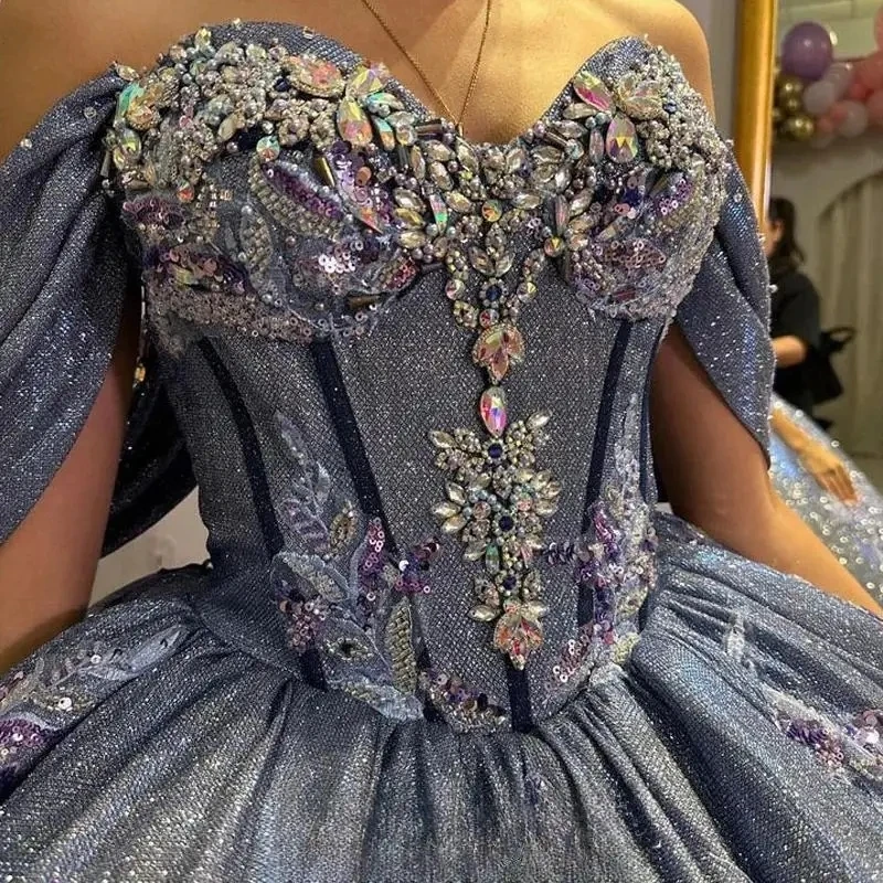 Sea Blue Shiny Princess Quinceanera Dresses Ball Gown Off The Shoulder Sequin Applique Lace Beads Tull Corset Sweet 16 Vestidos 15 Anos