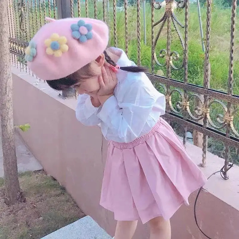 Princess Children Girl Baby Wool Beret Hat Cute Super Spring Autumn Parent Women Kids Three Flowers Painter Hat 250819