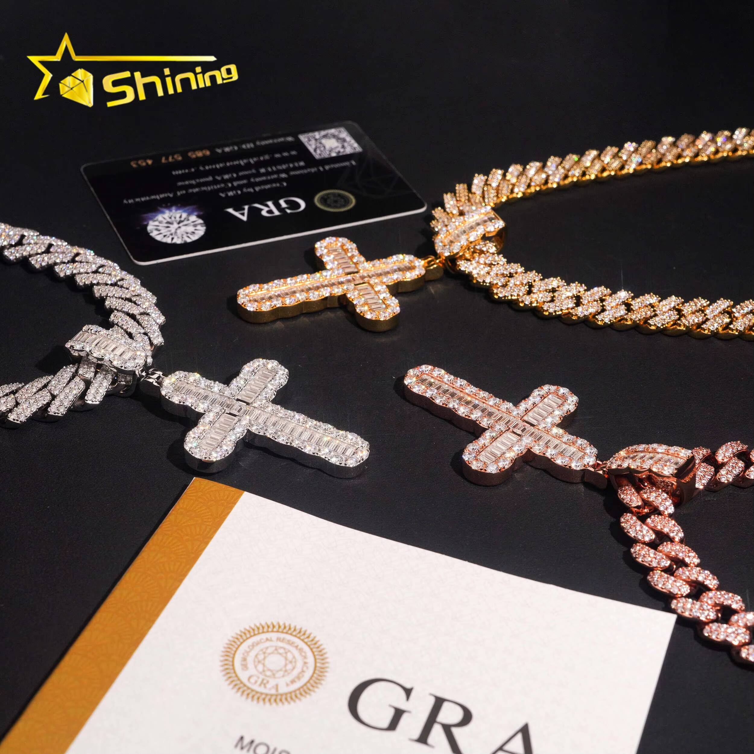 New Arrivals Hip Hop Style Rapper Jewelry 925 Silver Baguette Charms Moissanite Cross Pendant