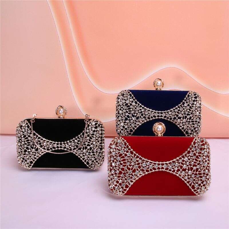 Hot Style Of The Season, Noble And Elegant Metal Hollow Carved Veet Pearl Handle Evening Party Clutch Bag