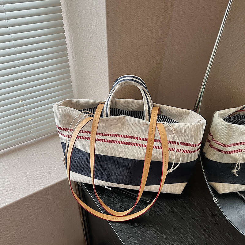 Contrast Color Striped Canvas Bags Tote Bag Women 2025 Summer Large Capacity Casual Vacation Style Designer Shoulder Handbag