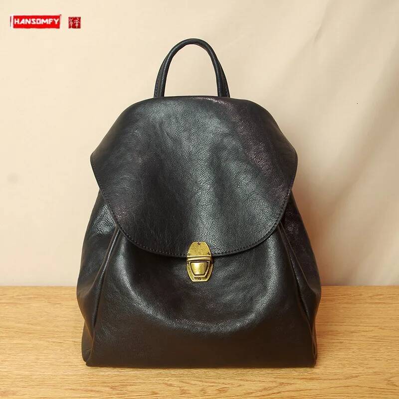 Original Simple Cowhide Women's Backpack Shoulder Ladies School Bag 2024 New Retro Soft Black Leather Hasp Backpacks