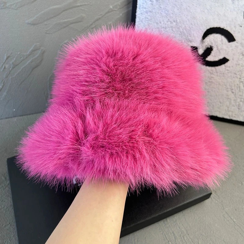 Fluffy Faux Fur Bucket Hat Rabbit Fur Warm Thick Plush Winter Hat Lady Fashion Panama Furry Fisherman Caps 250819