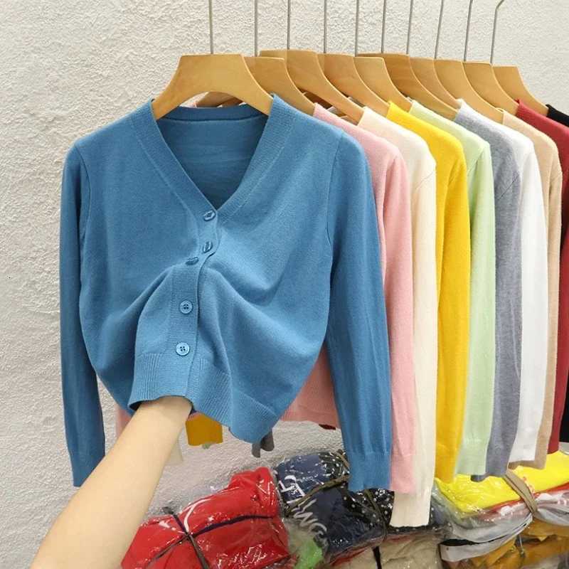 Solid Color Long Sleeve Casual Tops Korean Style V-neck Knitted Cardigan 2025 Autumn Winter New Black Wearing Outside Sweater XJ250819