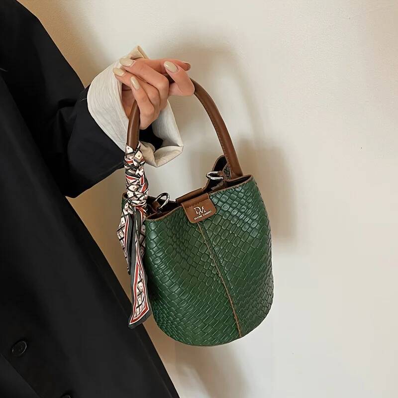 Fashionable Women's Bucket Stylish Solid Color Woven Effect Handbag Shoulder Bag And Crossbody Bag, Can Be Carried By Hand