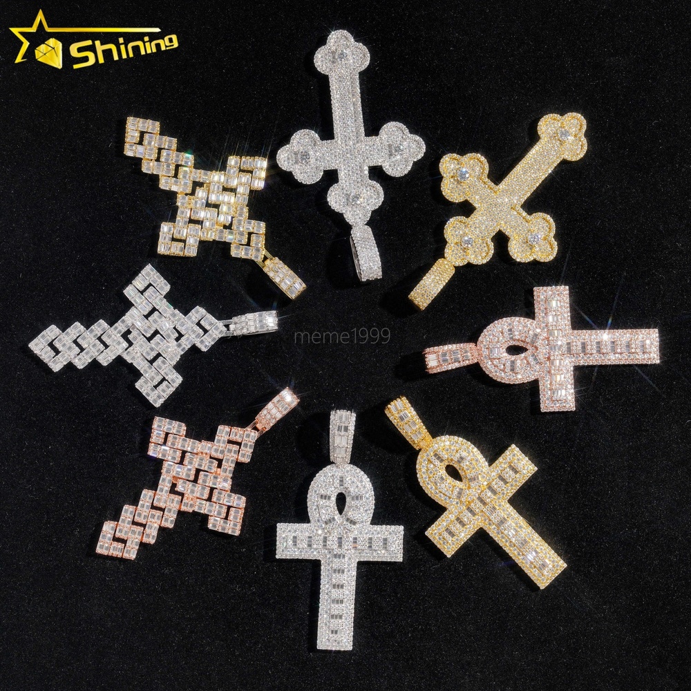 Hip Hop High Quality 925 Silver Gold Plated Pass Diamond Tester Custom Moissanite Cross Pendant