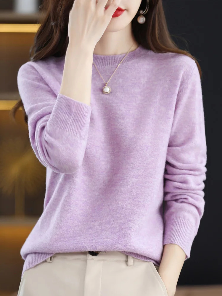 Fashion 100% Merino Wool Sweater Elegant Cashmere Pullover Women ONeck Long Sleeve Knitwear Basic Clothing Jumper Tops 250819
