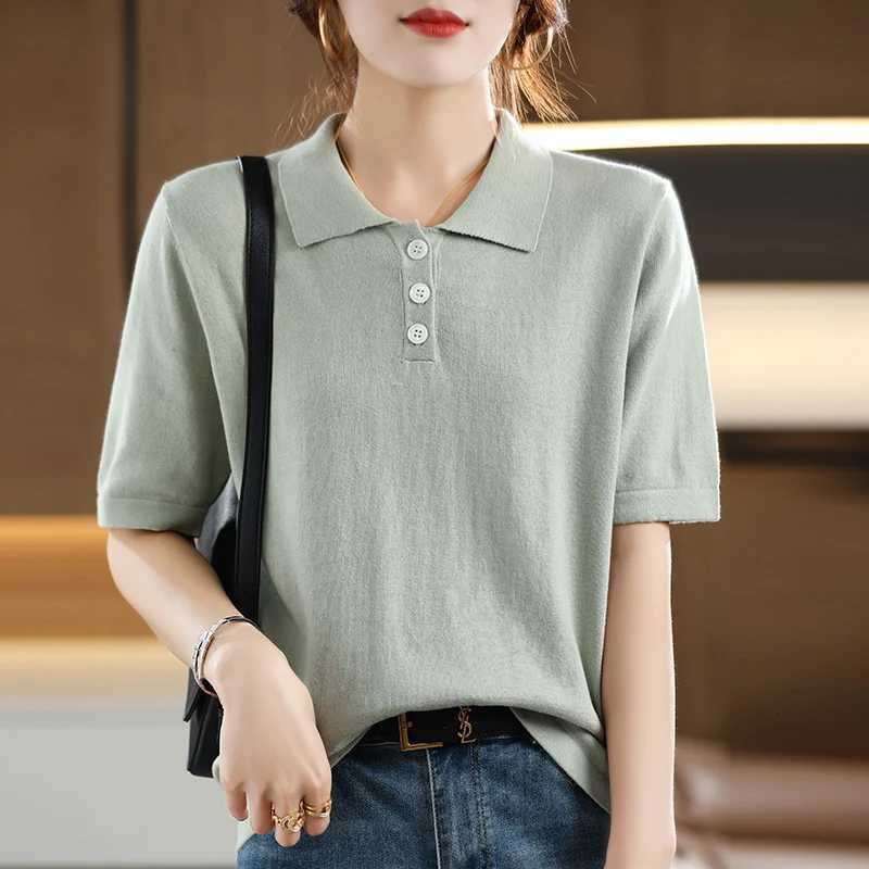 100% Cotton Summer Womens T-shirt Sweater Short Sleeve Casual Knitted Collar Womens Top Loose Pullover Button T-shirt XJ250819