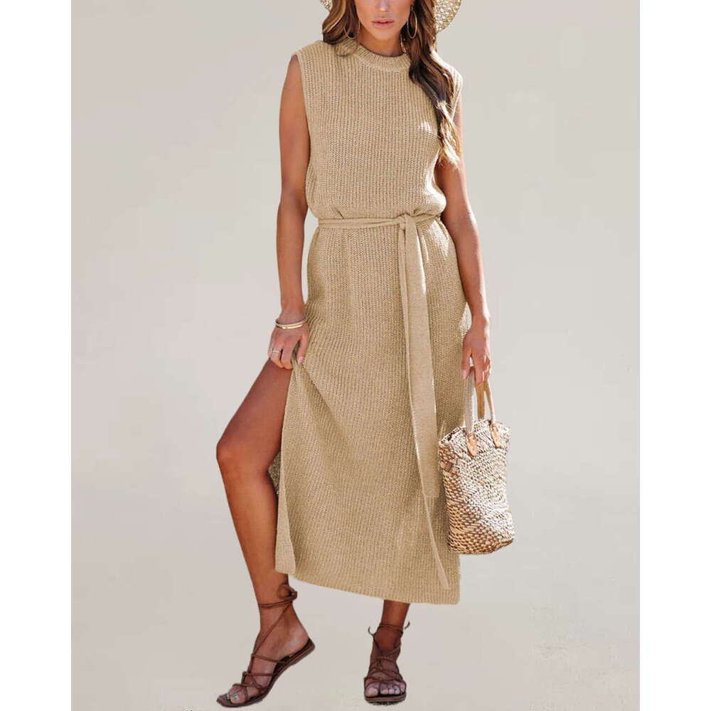 New Women's Round Neck Solid Color Dress With Slit And Belt Knitted Sweater B5