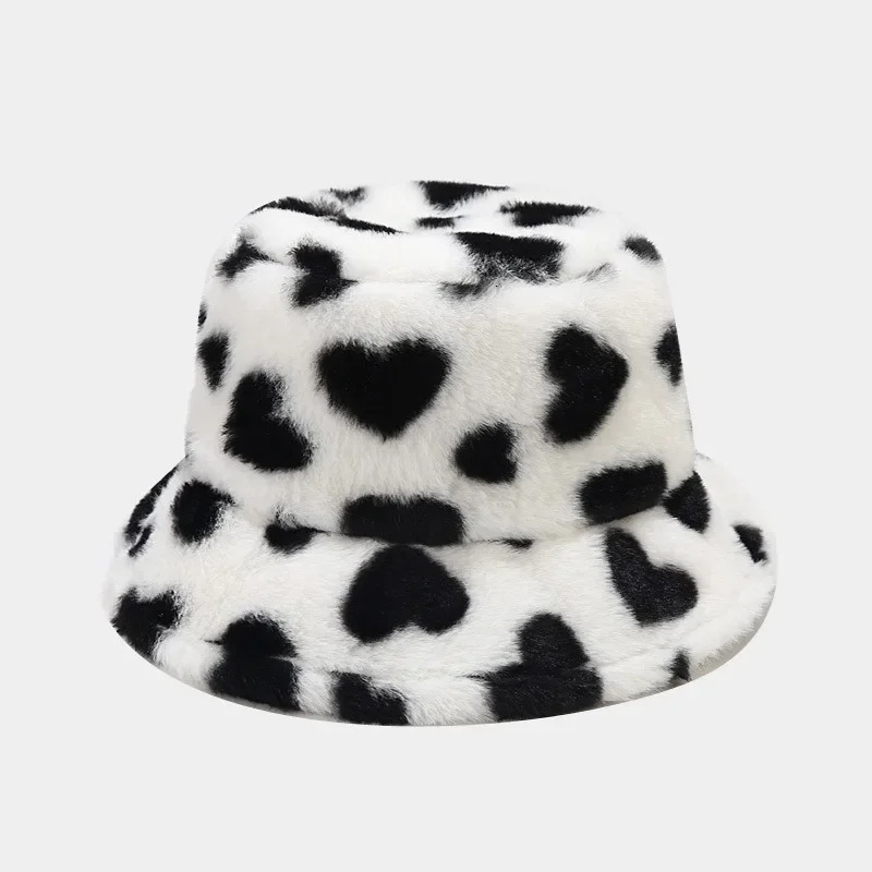 Winter Heart Print Faux Fur Fluffy Bucket Hat Women Outdoor Warm Hats Soft Velvet Furry Fisherman Caps Girl Fashion Panama 250819