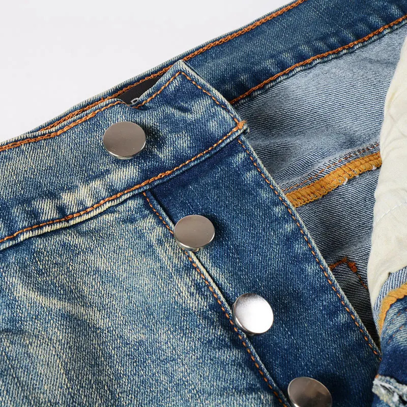 Fashionable jeans with stretch slim fit ripped holes patchwork leather red patches washed with water nostalgic retro 250818