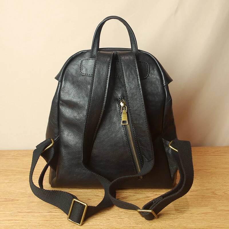 Original Simple Cowhide Women's Backpack Shoulder Ladies School Bag 2024 New Retro Soft Black Leather Hasp Backpacks