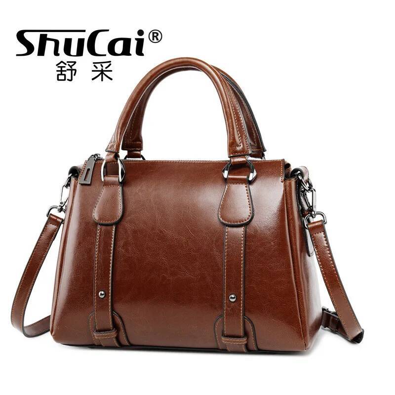 Genuine Leather Women's Shoulder Crossbody Handbag Top Handle Bags Casual Designer Female Oil Wax Cowhide Messenger Tote Bag