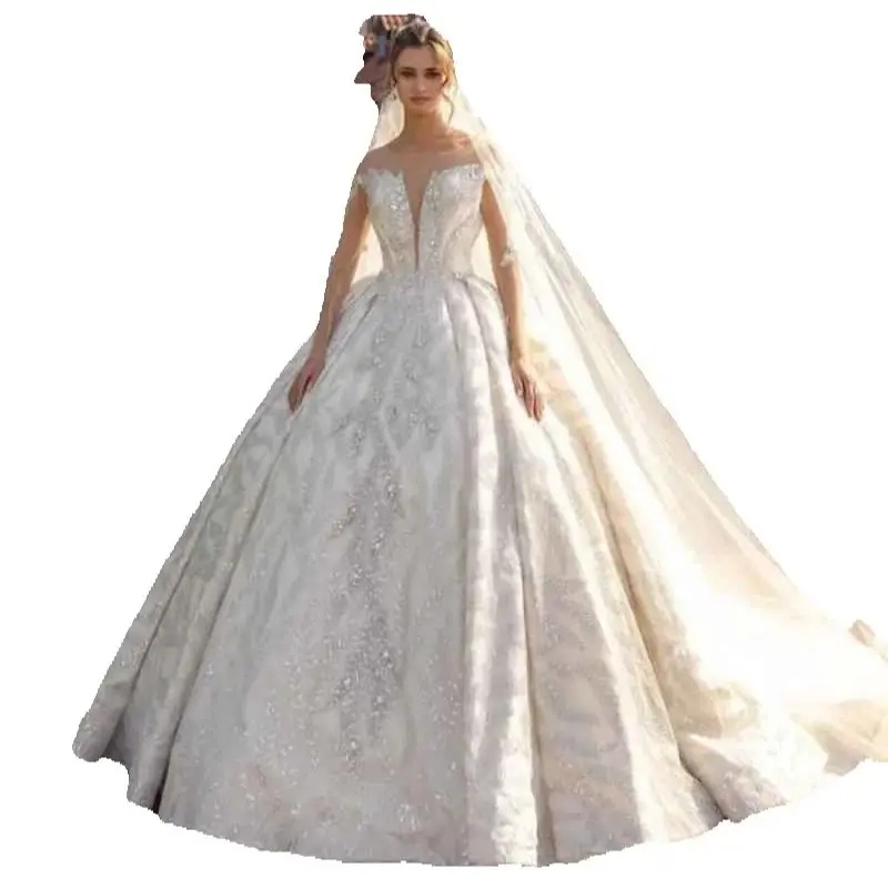 Fashion Crystal Beading Ball Gown Wedding Dresses Elegant Long Sleeve Bridal Gowns Customized Glitter Lace Robe De Mariee