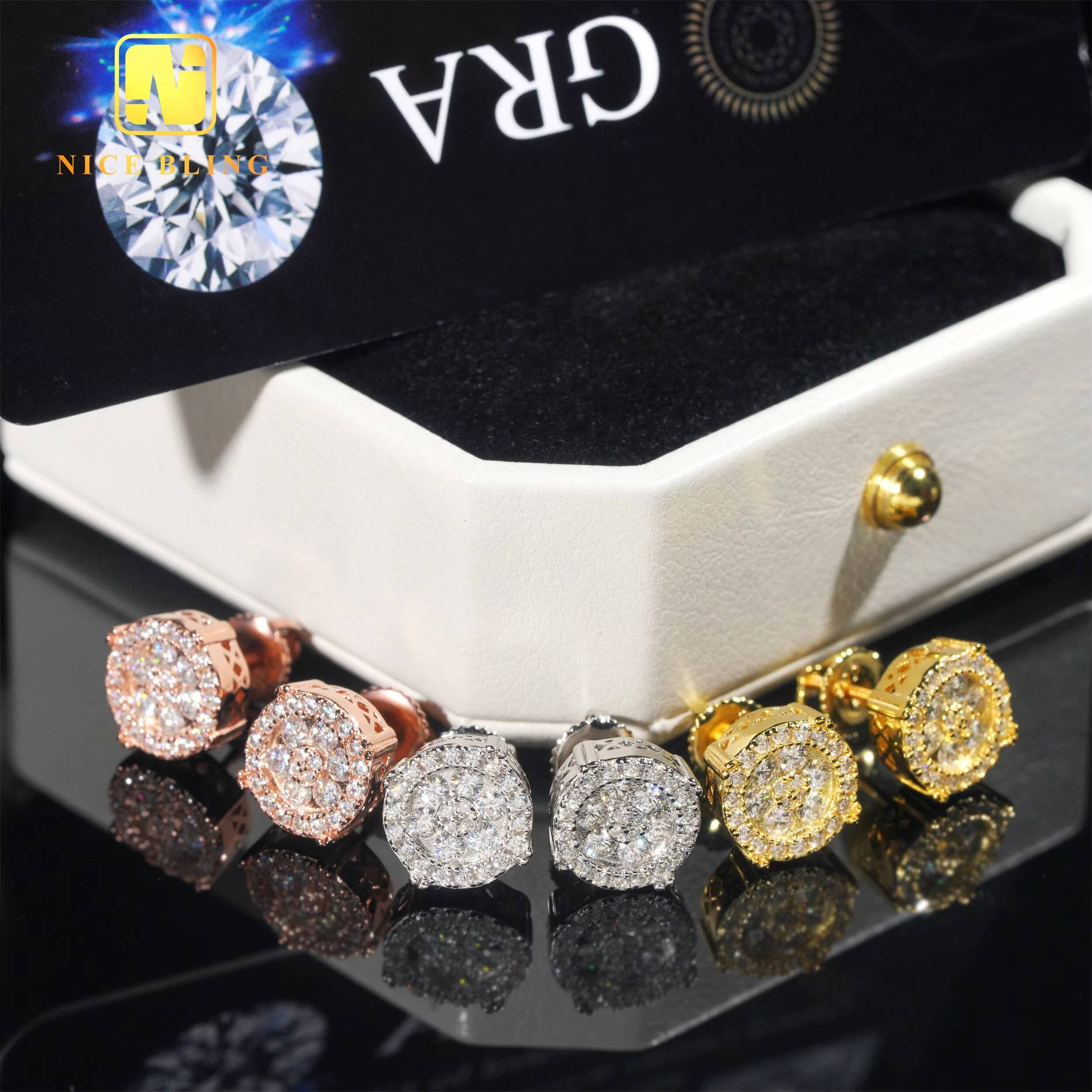 Lab Diamond Earrings Hip Hop Fine Jewelry 925 Silver Ear Studs Cluster Moissanite Earring for Men Women