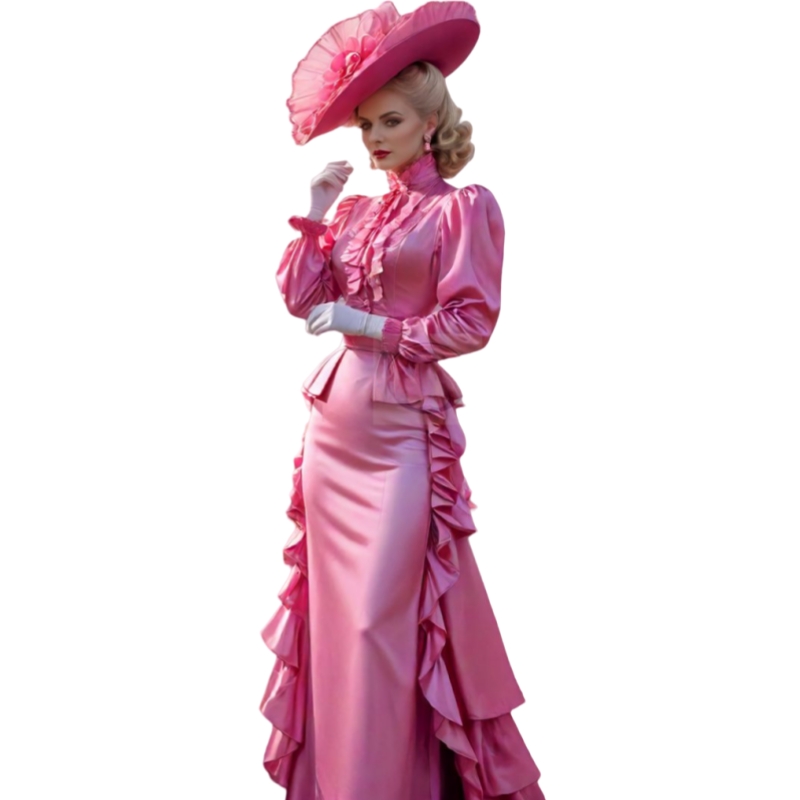 Vintage Victorian Prom Dresses Ruffles Train Puff Long Sleeves High Collar Pink Satin Medieval Masquerade Dress Customized Women Evening Gown