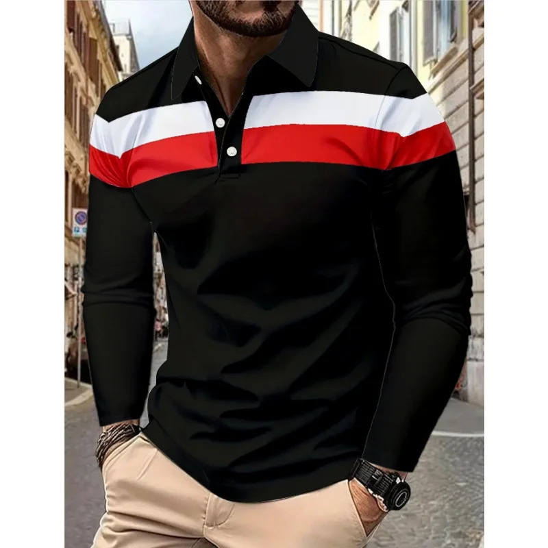 Three Stripe Mens Long Sleeve Polo Solid Color Tops Summer And Autumn Casual Breathable Comfortable Retro Street Polo Shirt 250818