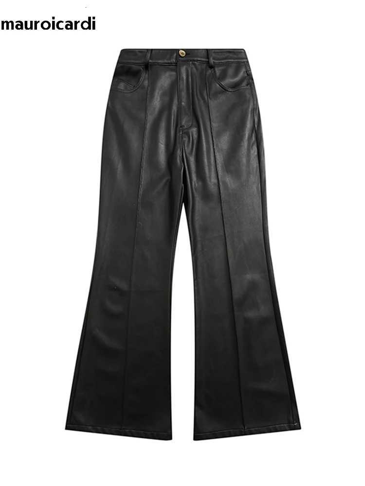 Mauroicardi Spring Autumn Cool Long Black Soft Pu Leather Flare Pants for Men High Waist American Retro Hippie Clothing 20023 W250819