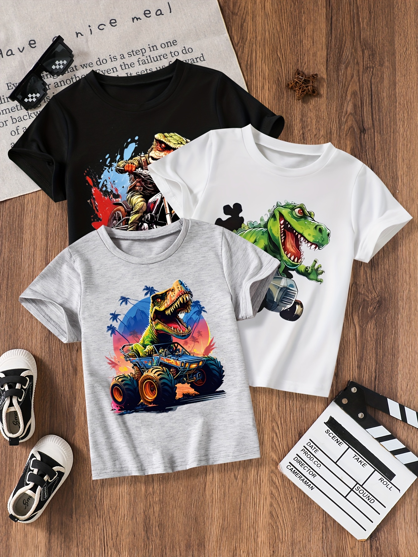 T-shirts Boys' Dinosaur Print Short-Sleeve Tee Set - Breathable Quick-Dry Fabric