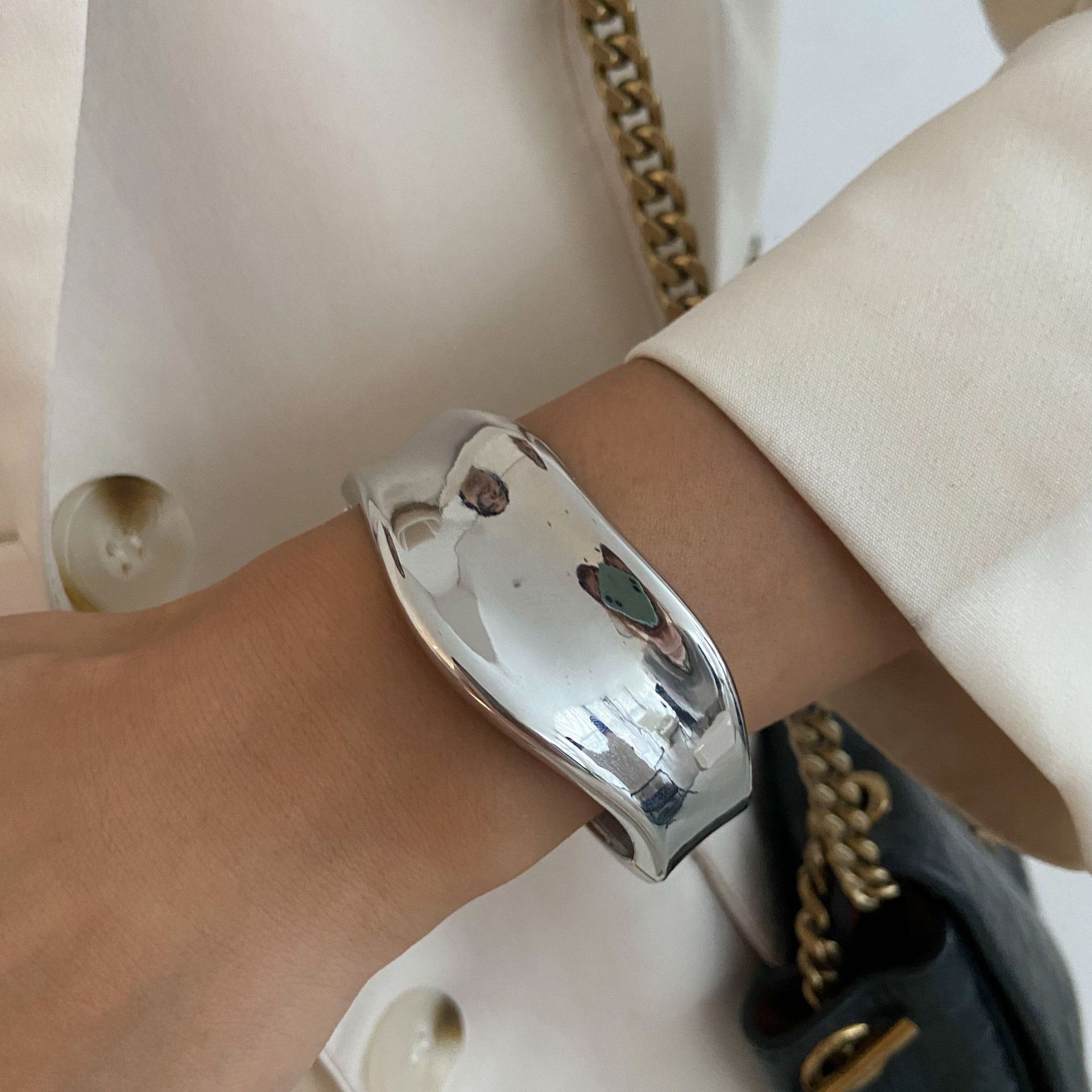 Contemporary Resin Cuff Bracelet Asymmetrical Ombre Blue Wide Bangle with Dual Coil Mechanism
