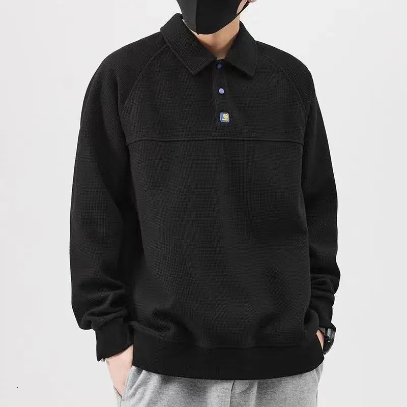 Spring Autumn Solid Waffle Long Sleeved Polo Shirts Men Fashion Trend Lapel Button Patchwork Loose Breathable Outer Wear Top 250818