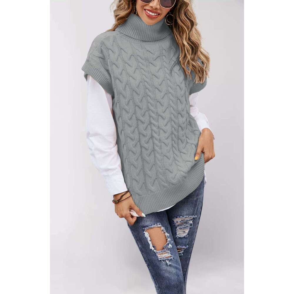 Autumn Winter Women's Sleeveless Button Rope Vest Knitted Loose Pullover High Neck Sweater B5