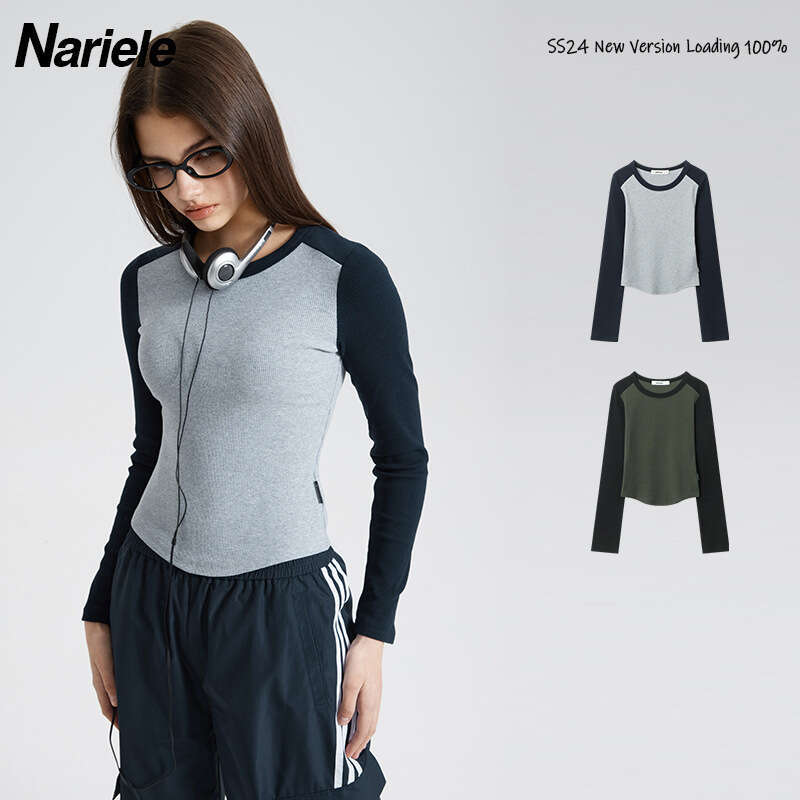 Color-Block Base Shirt Top For Women Spring Slim Fit Slimming Hot Girl Short Long-Sleeve T-Shirt B3