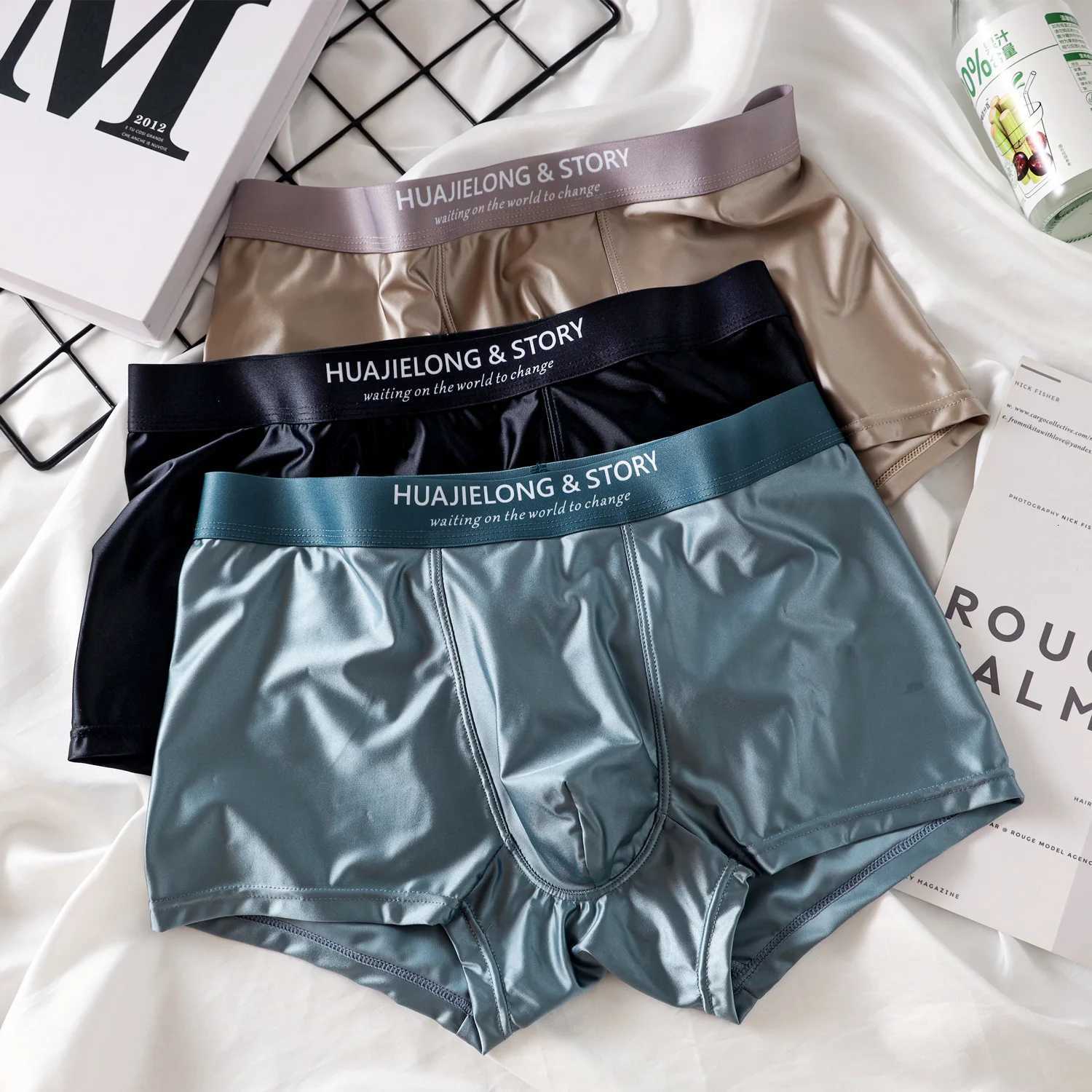 3Pcs Breathable Thin Satin Silk Boxer Briefs Seamless Mid Waist Ice Silk Boxers Underpants Smooth Underwear for Men Daily W250819